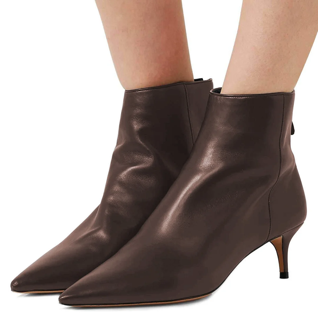 YDN Simple Pointed Toe Zipper Kitten Heel Booties for Women in Brown