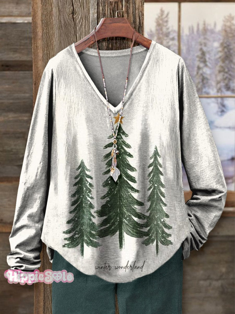 Christmas Tree Art Print Cotton 100% Casual V-Neck Long Sleeve T-Shirt Multicolor / S