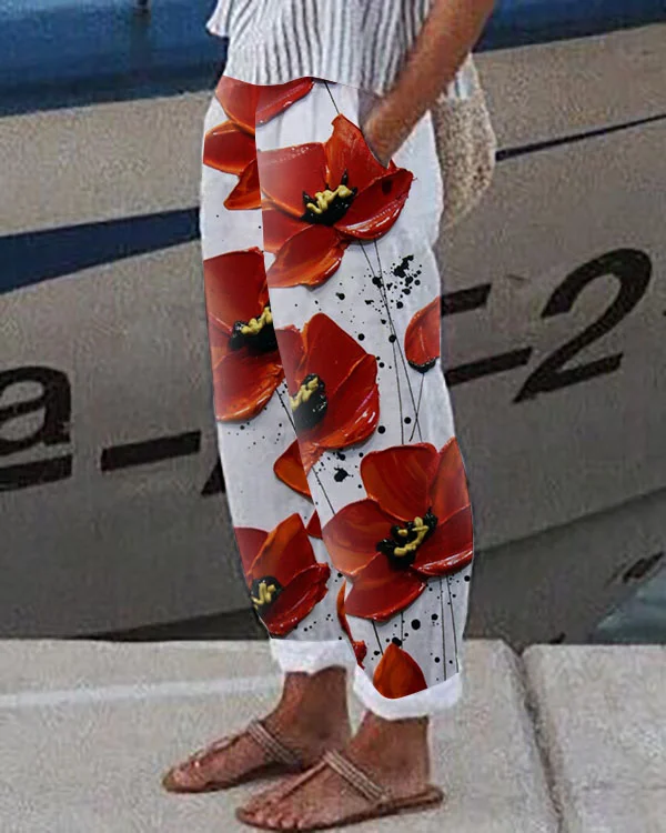 Casual Loosen Linen & cotton Pockets Floral Pants
