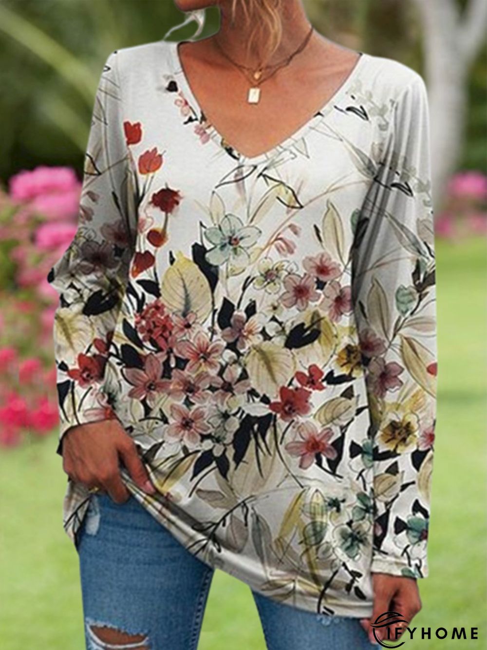 Floral Long Sleeve V Neck Casual Tunic T-Shirt | IFYHOME