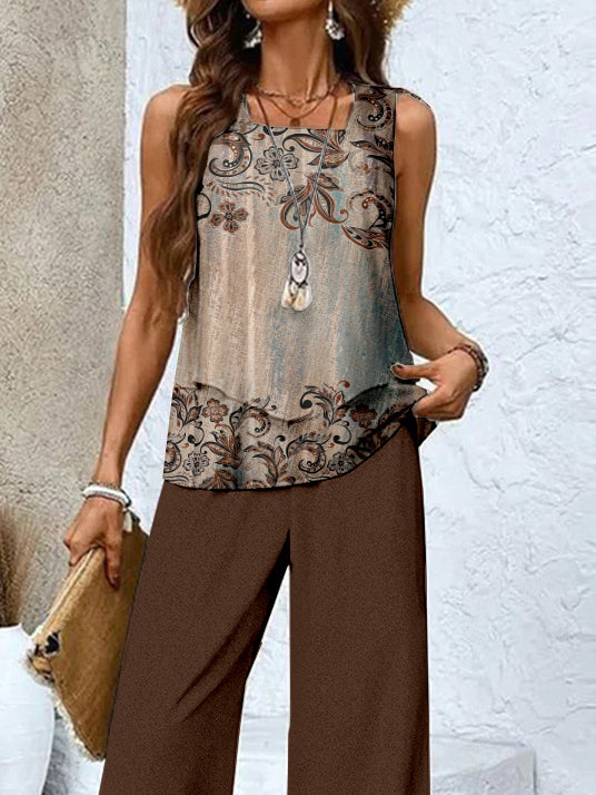 Women's Sleeveless Square Collar Graphic Printed Casual Set