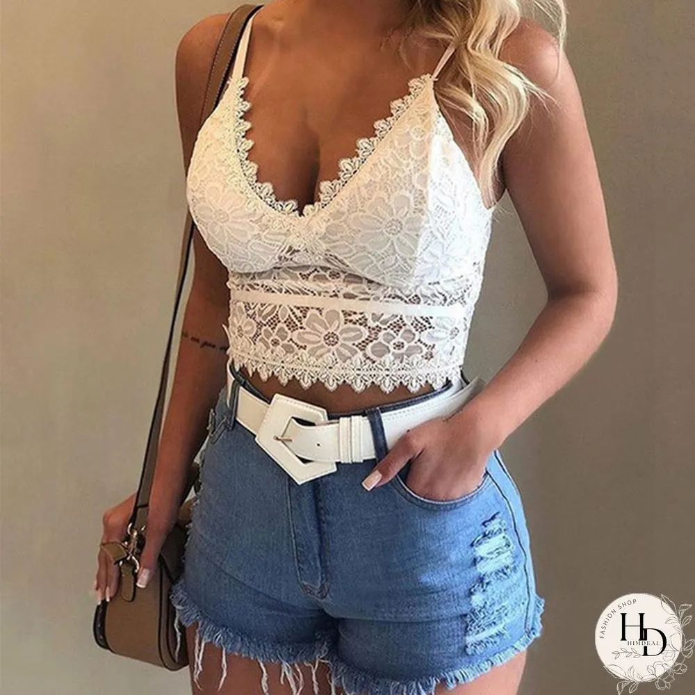 Womens Fashion Lace Floral Bralette Blouses V-Neck Tank Tops Crop Top Spaghetti Strap