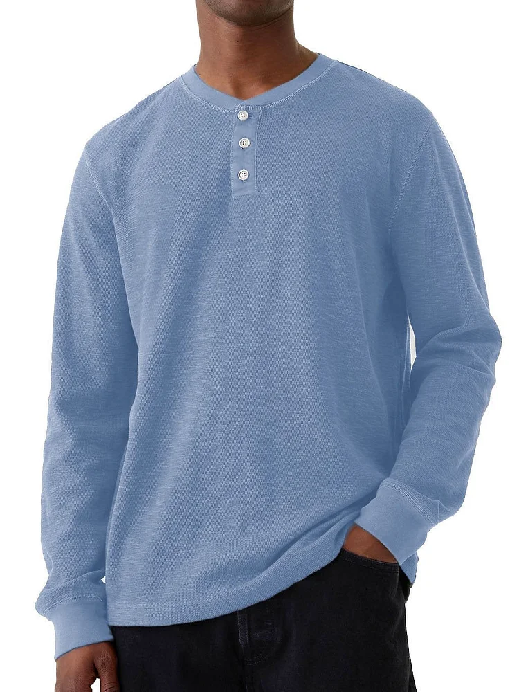 Men's Fashionable Casual Waffle Fabric Button Up Long Sleeve Henley