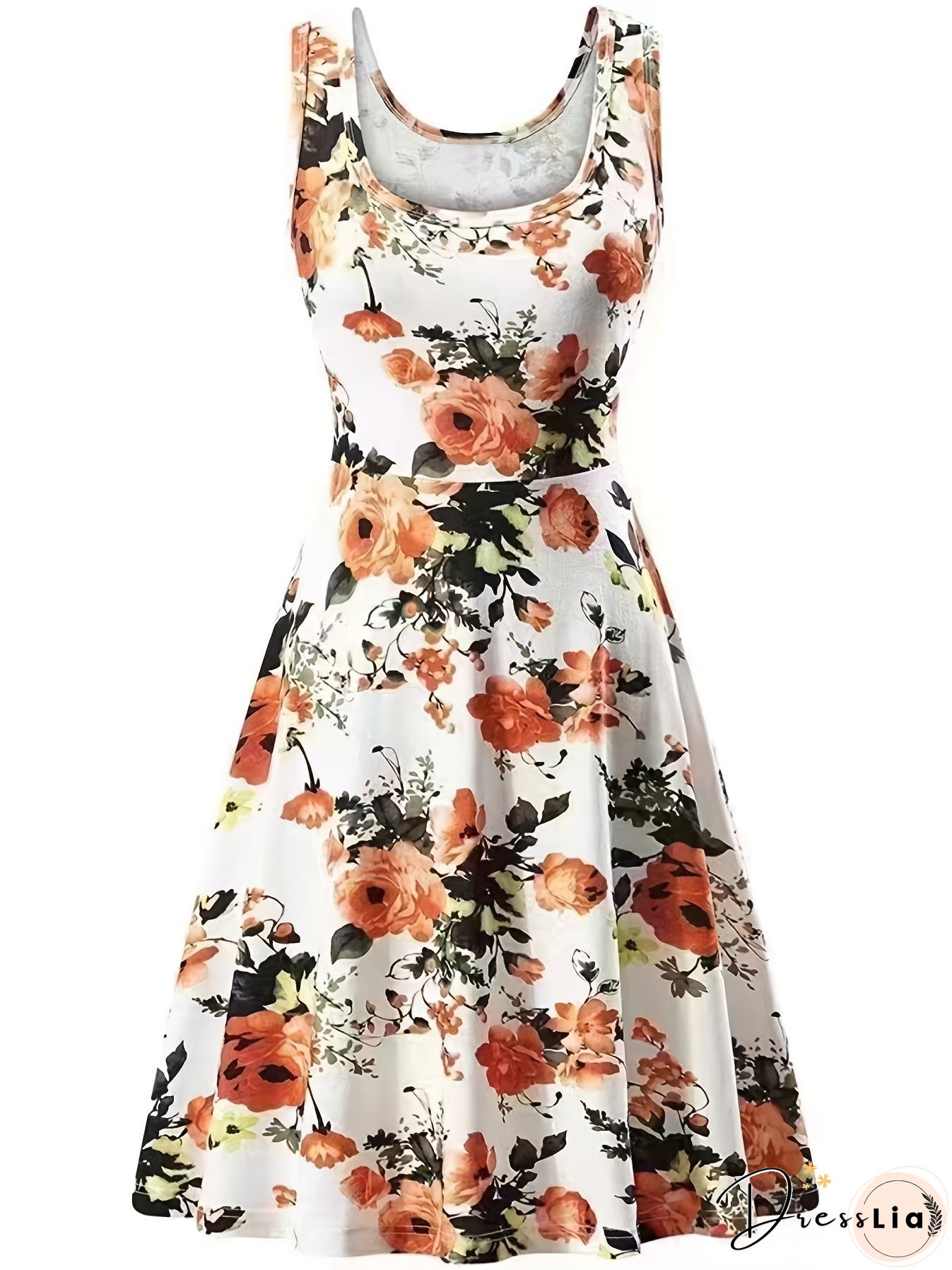 Plus Size Elegant Dress, Women's Plus Floral Print Round Neck Medium Stretch Tank Dress