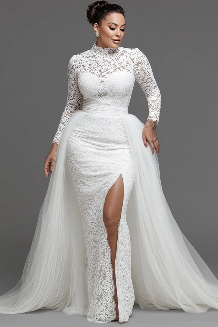 Xpluswear Design Plus Size Wedding White Mock Neck Long Sleeve With Skirt Overlay Elegant Split Lace Tulle Maxi Dresses [Pre-Order]