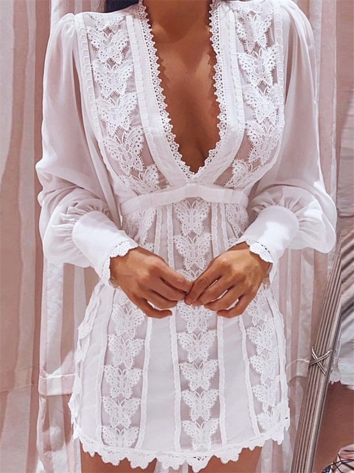 Lantern Sleeve Lace Splicing Deep V Solid Color Long Sleeve Dress -vasmok