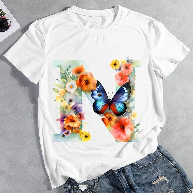 Butterfly Alphabet N Round Neck T-shirt