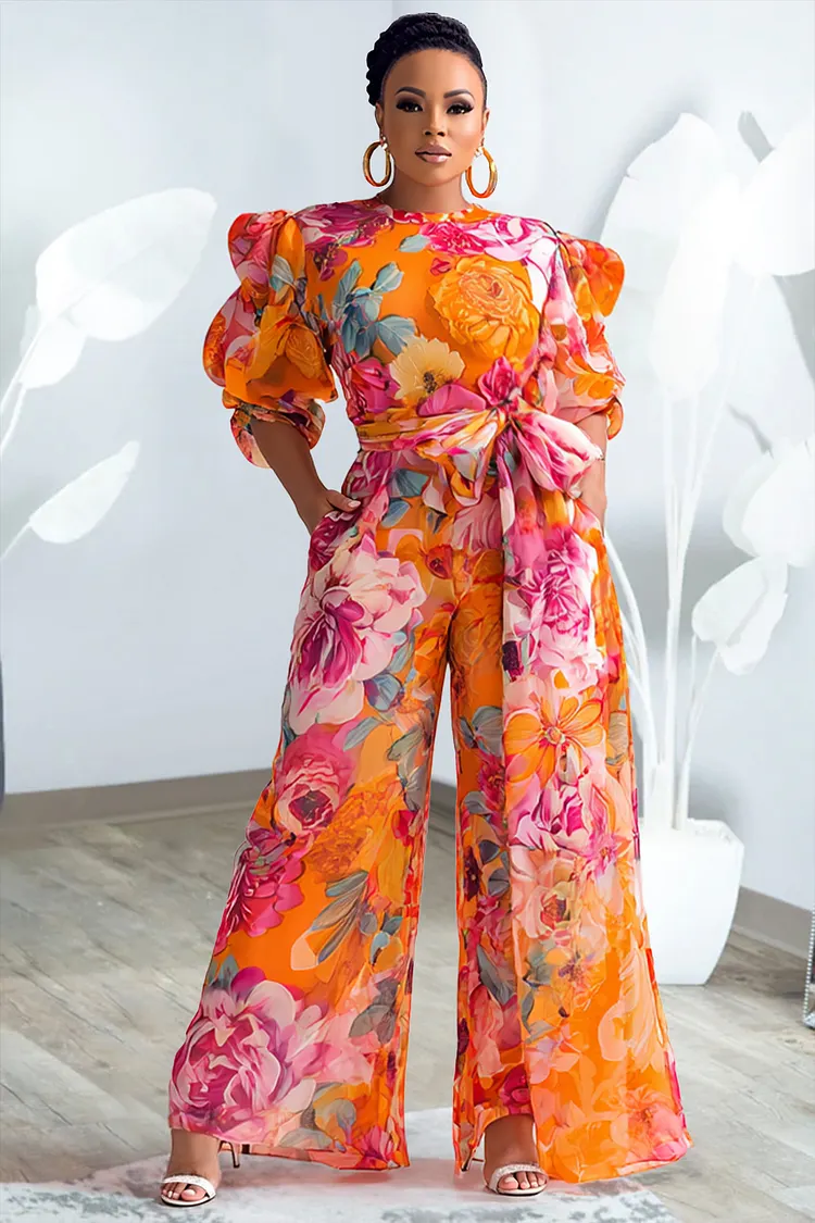 Xpluswear Design Plus Size Party Orange Floral Round Neck Puff Sleeve Short Sleeve Pocket Wrap Chiffon Jumpsuits [Pre-Order] 2024 - Xpluswear