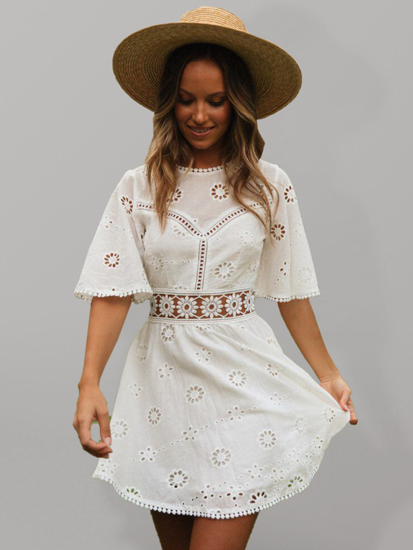 Mature Women Summer Fashion Woven Sexy Open Back Hollow Fringed Short Dress