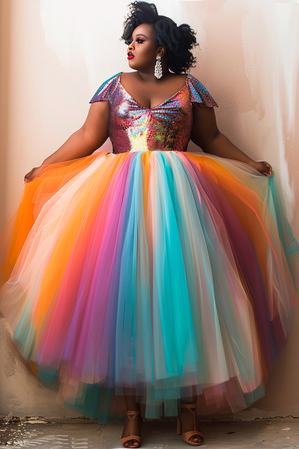 Design Plus Size Vacation Boho Multicolor Colorblock V Neck Short Sleeve Contrast Tulle Maxi Dresses [Pre-Order]