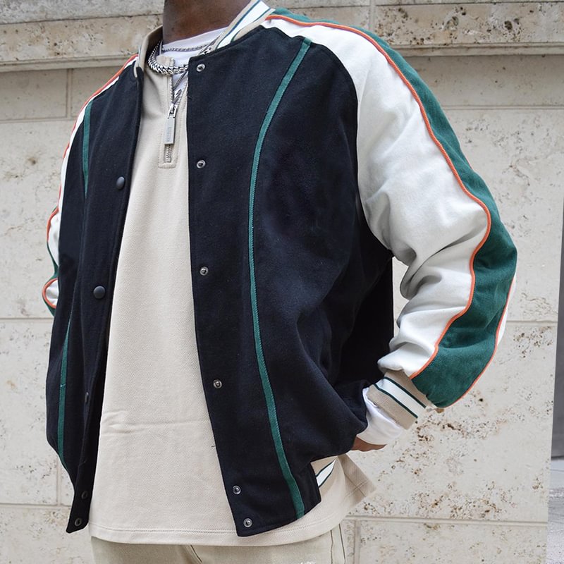 Men's Fashion Contrast Design Baseball Jacket、、URBENIE