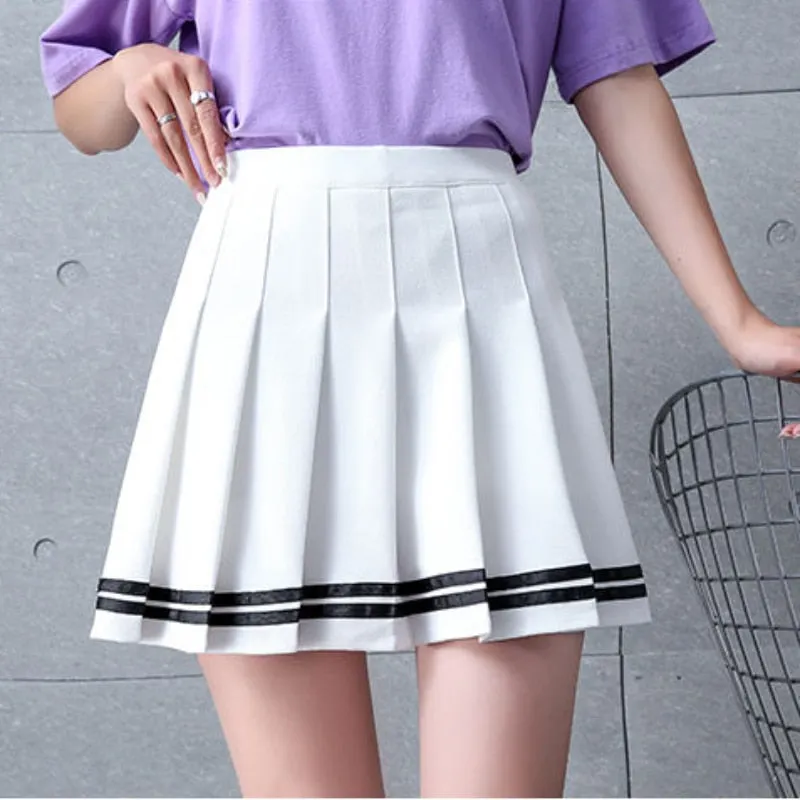 Zoki Fashion Striped Women Pleated Skirt High Waist Zipper Summer JK Girls Dancing Mini Skirt Korean Sweet Summer Black Skirts