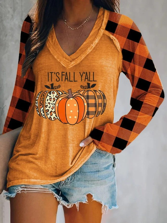 Halloween Check Print Casual Long Sleeve V-Neck T-Shirt