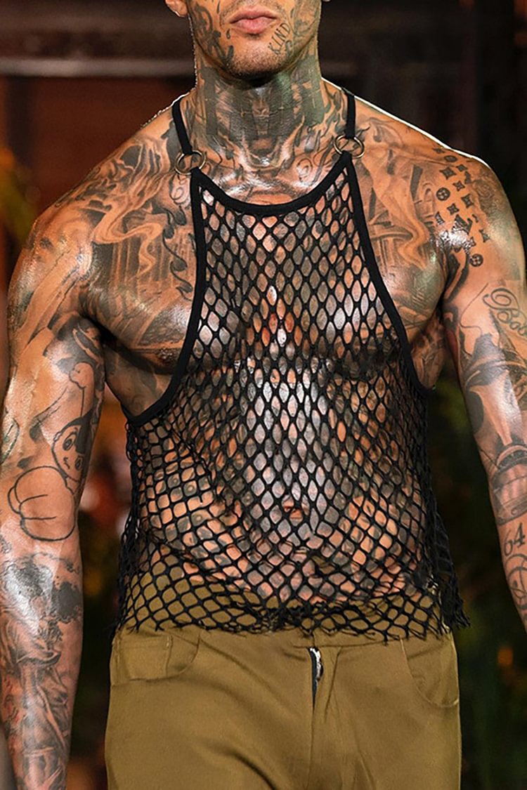 Men's Fishing Net Vest See-Through Grid Sleeveless Tank Top