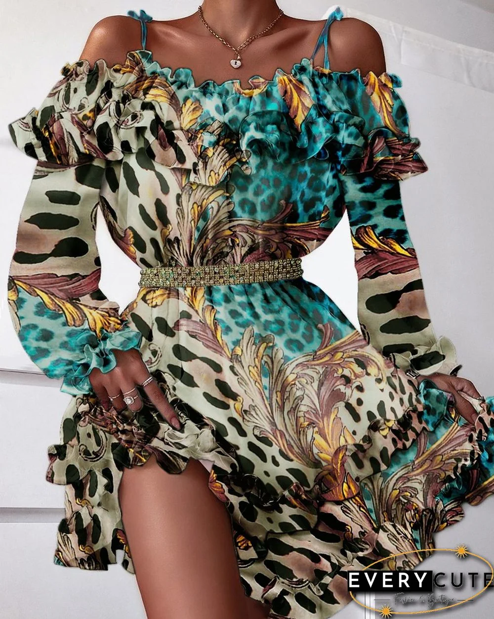 Leopard Print Cold Shoulder Ruffles Dress
