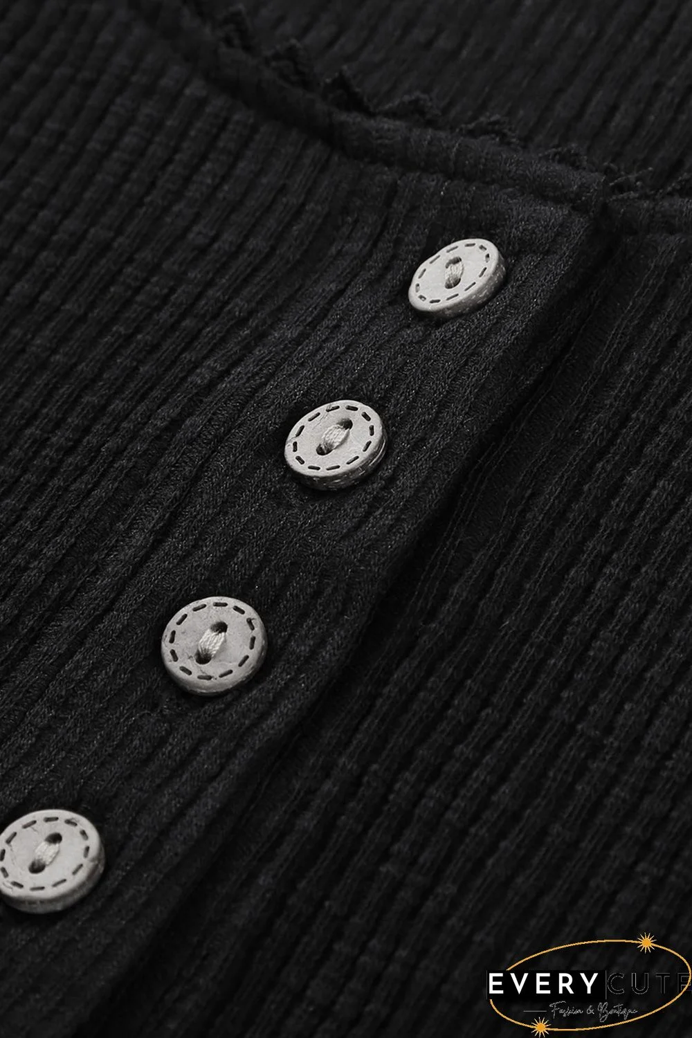 Black Crochet Lace Hem Sleeve Button Top