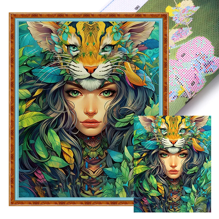 Flower Woman And Tiger 16CT (40*50CM) Stamped Cross Stitch gbfke