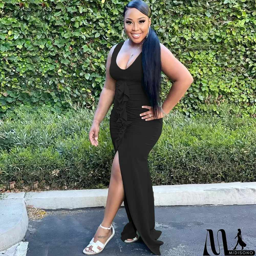 MidiSono - Solid Sleeveless V Neck Ruffled Split Maxi Dress