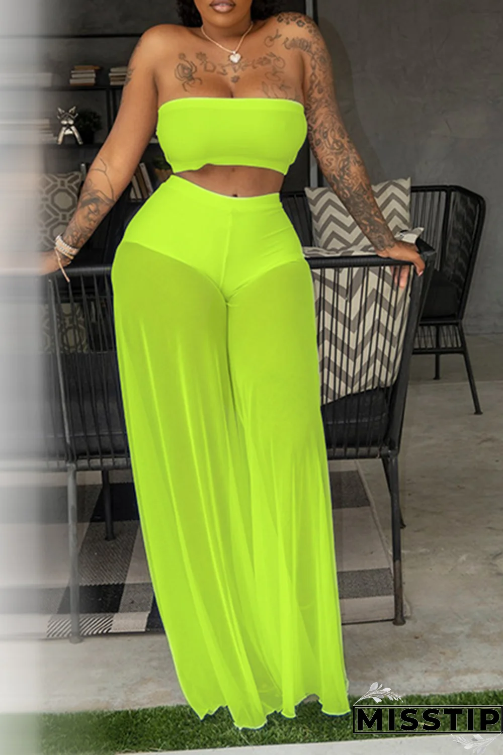 Rose Red Sexy Solid Mesh Strapless Sleeveless Two Pieces