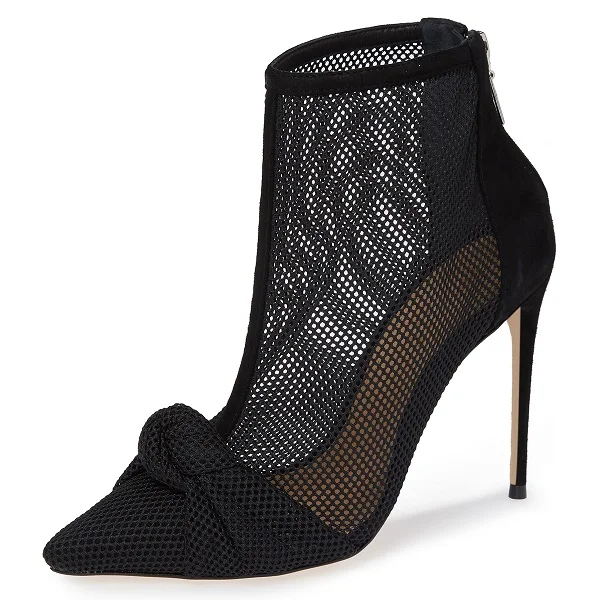 Black Nets Bow Pointed Toe Stiletto Boots Ankle Boots |FSJ Shoes
