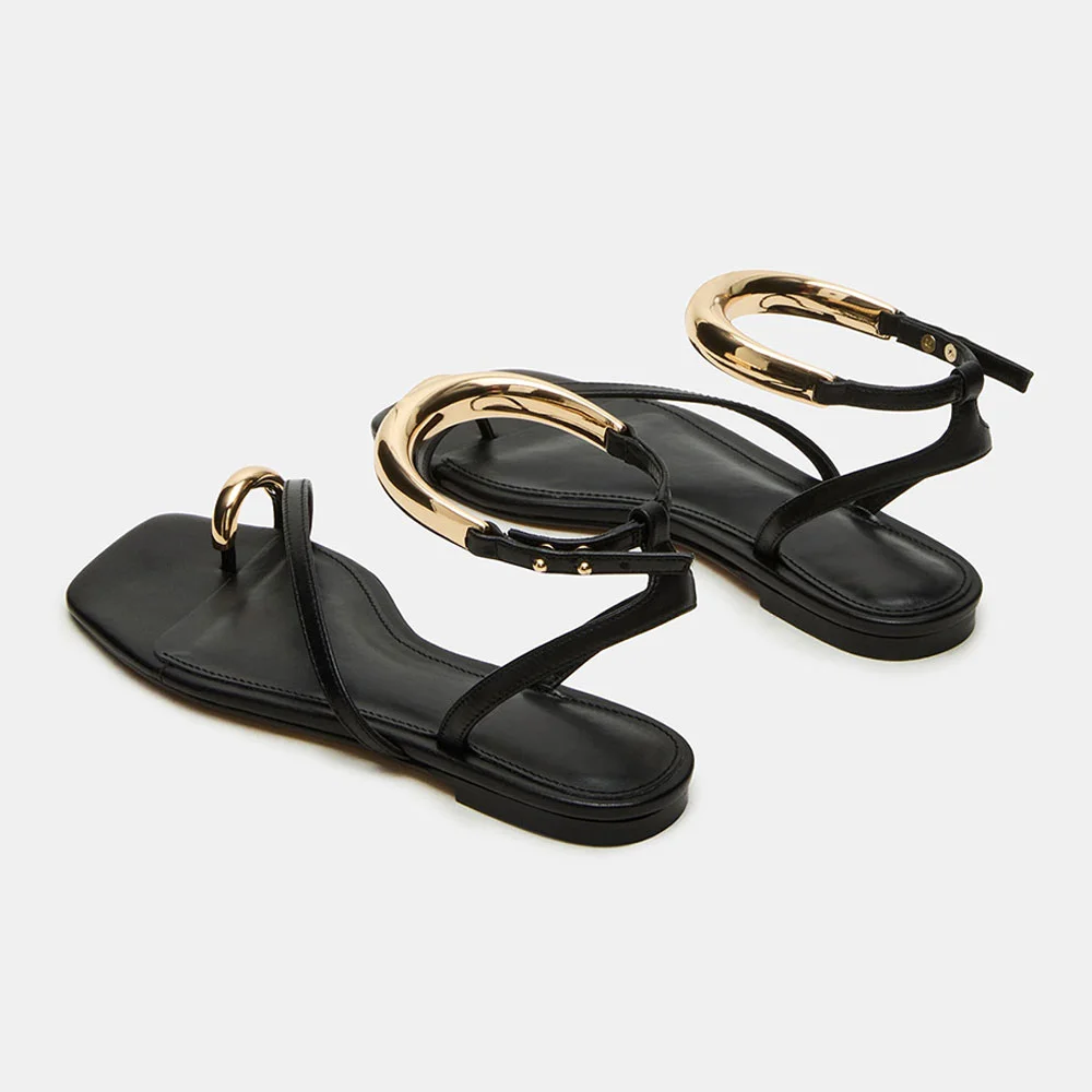 Women's Black Metal Decor Flat Ankle Strap Toe Loop Sandals