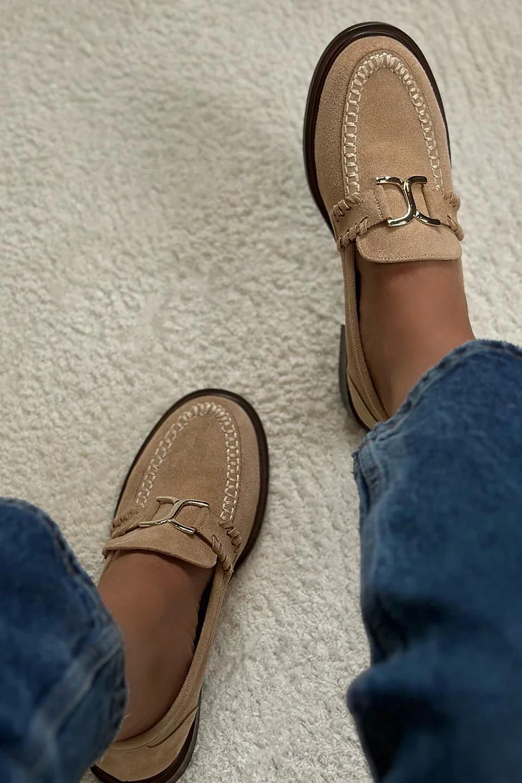 Metal Decor Stitch Detail Round Toe Khaki Loafers [Pre Order]