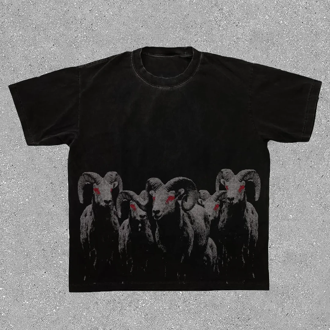 Vintage Street Style Goat Print Short Sleeve T-Shirt