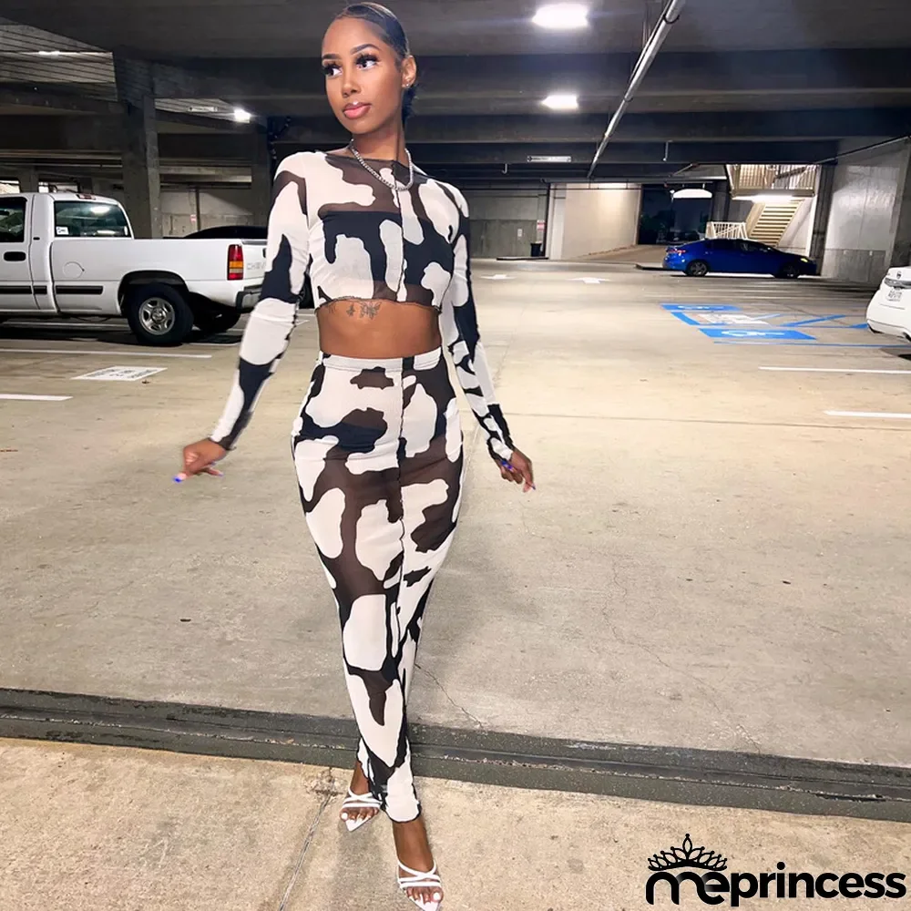 Women Spring Mesh Print Long Sleeve Crop Top and Long Skirt Two-Piece Set