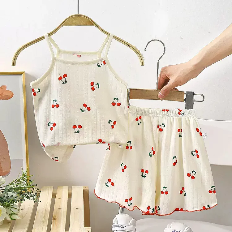 2pcs Baby Girl Bear/Rabbit/Cherry Print Sling Tops & Shorts Set