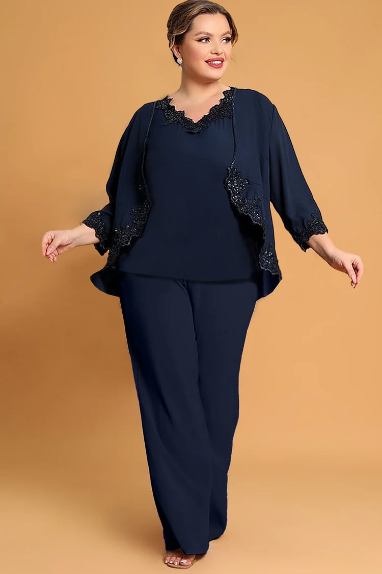Flycurvy Plus Size Mother Of The Bride Navy Blue Chiffon Lace Panel Jacket Three Pieces Pants Suit  Flycurvy [product_label]