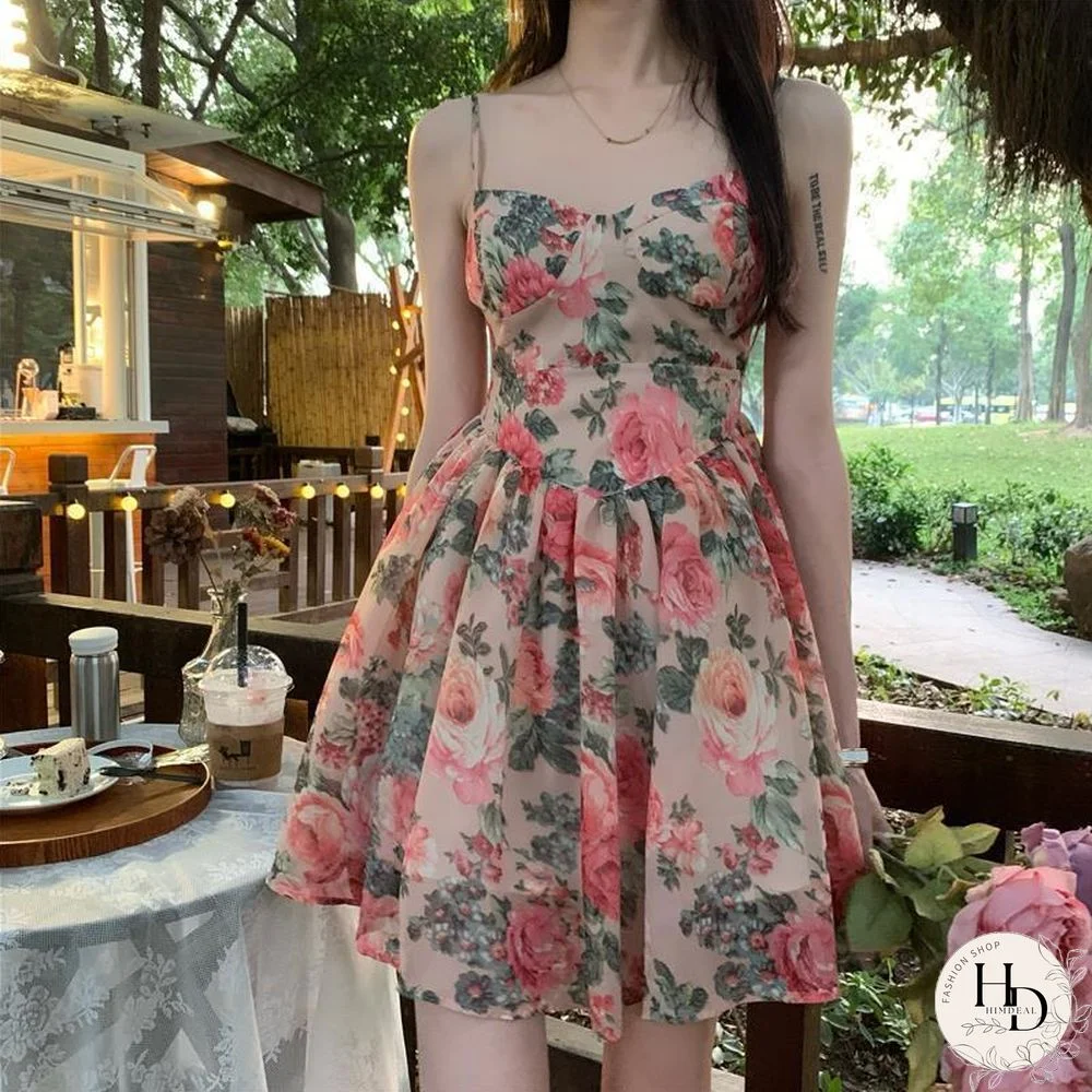 Sleeveless Dress Women Design Floral Sexy Empire A-Line Elegant French Style Summer Spaghetti Strap Mini Dresses Stylish Female