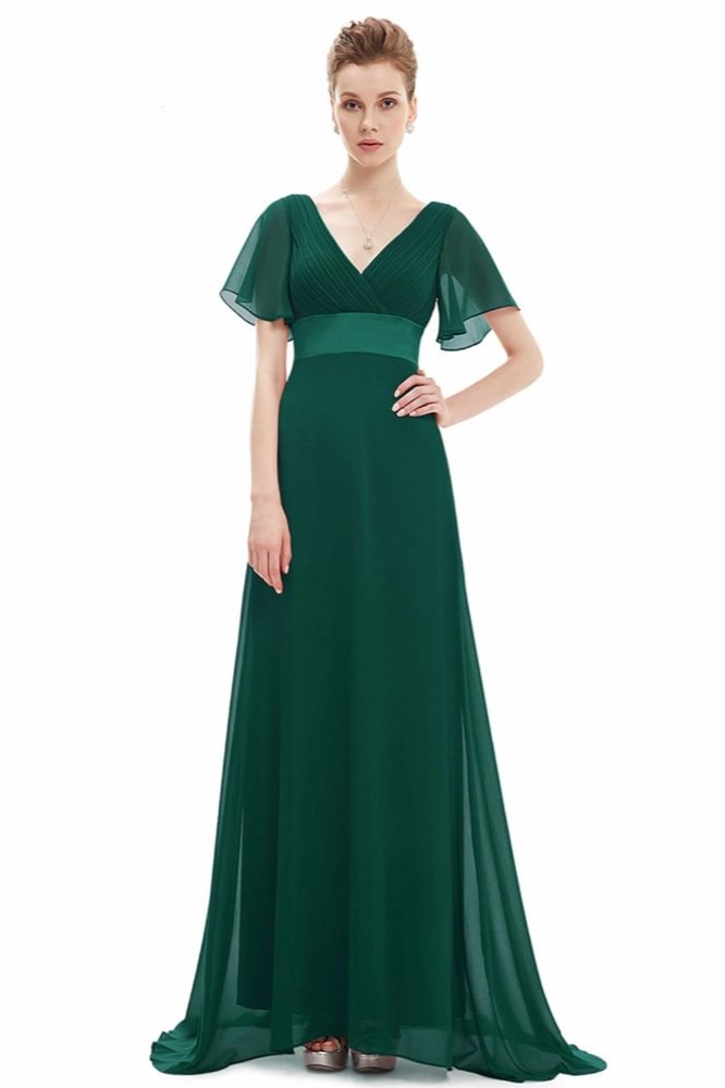 Elegant Short Sleeve Chiffon Evening Dress Ruffles Long Prom Gowns