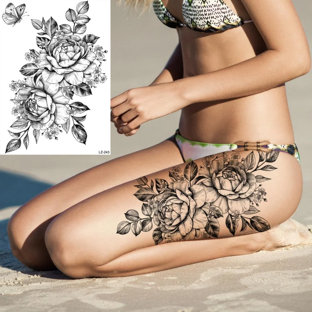 Sdrawing Rose Flower Moon Temporary Tattoos For Women Adult Pendant Peony Lotus Fake Tattoo Calf Thigh Body Art Waterproof Tatoos