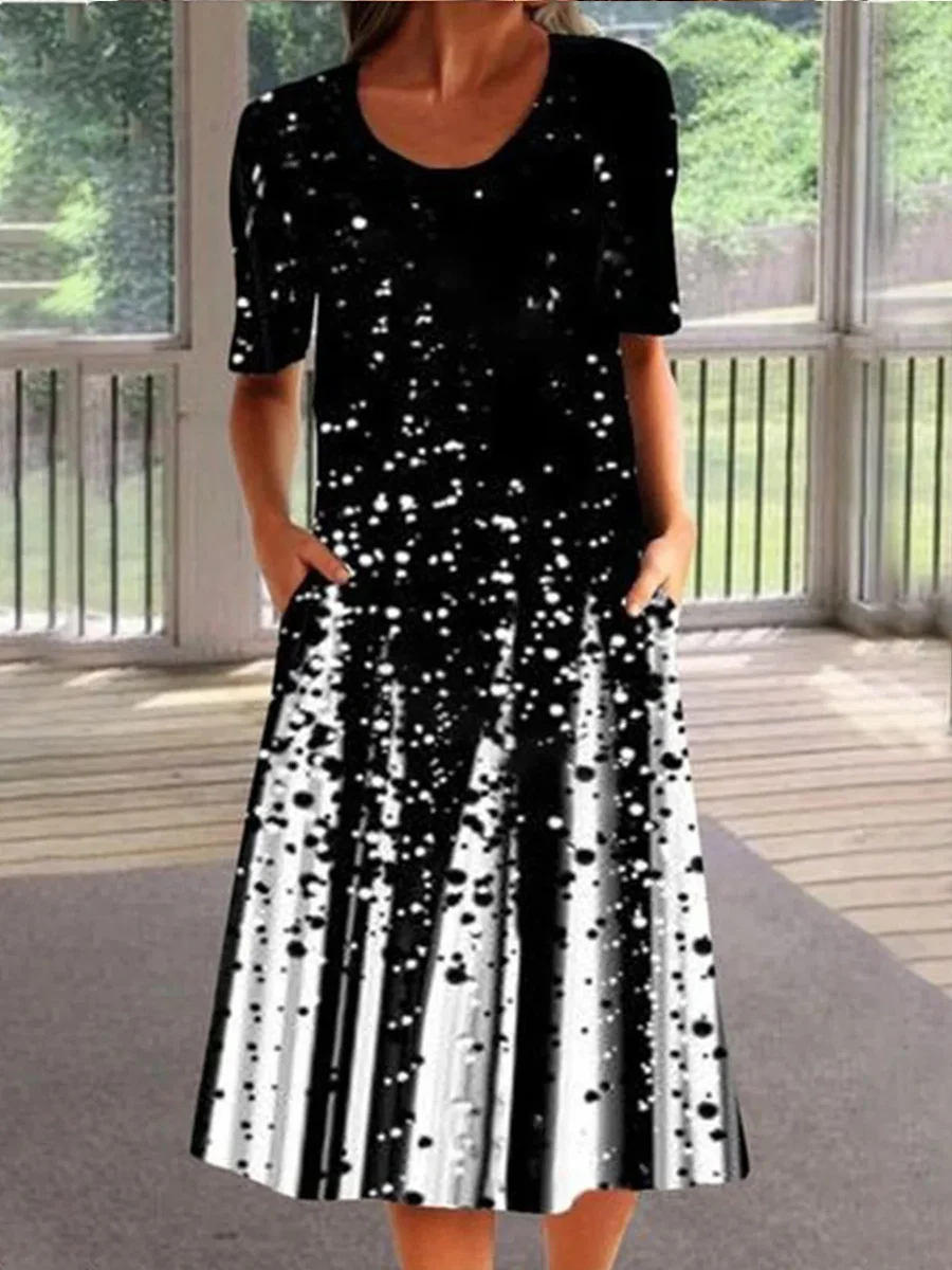 Loose Black Polka Dot Gradient Short-Sleeved Dress