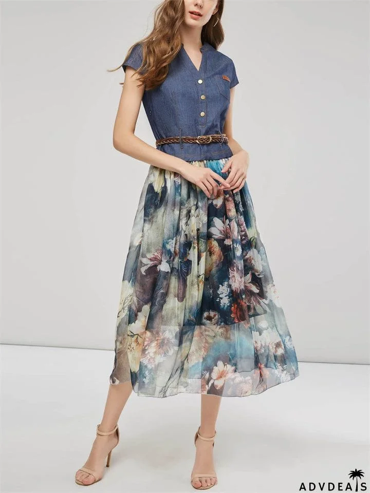 Women's Elegant Ink Flower Denim Chiffon Splicing Dress with Belt