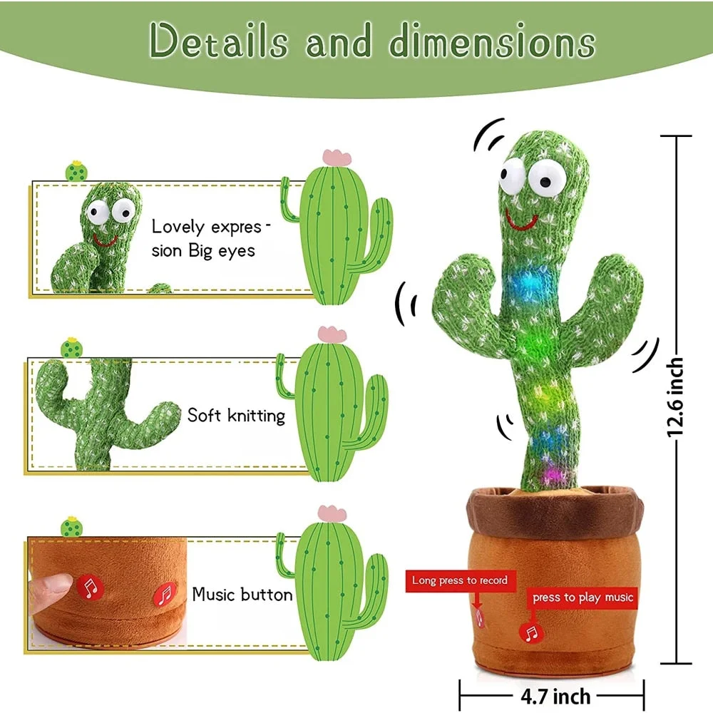 Bluetooth Dancing Cactus Talking Toy Electronic Plush Toys Sing Record Lighten Battery USB Charging Early Education Funny Gift
