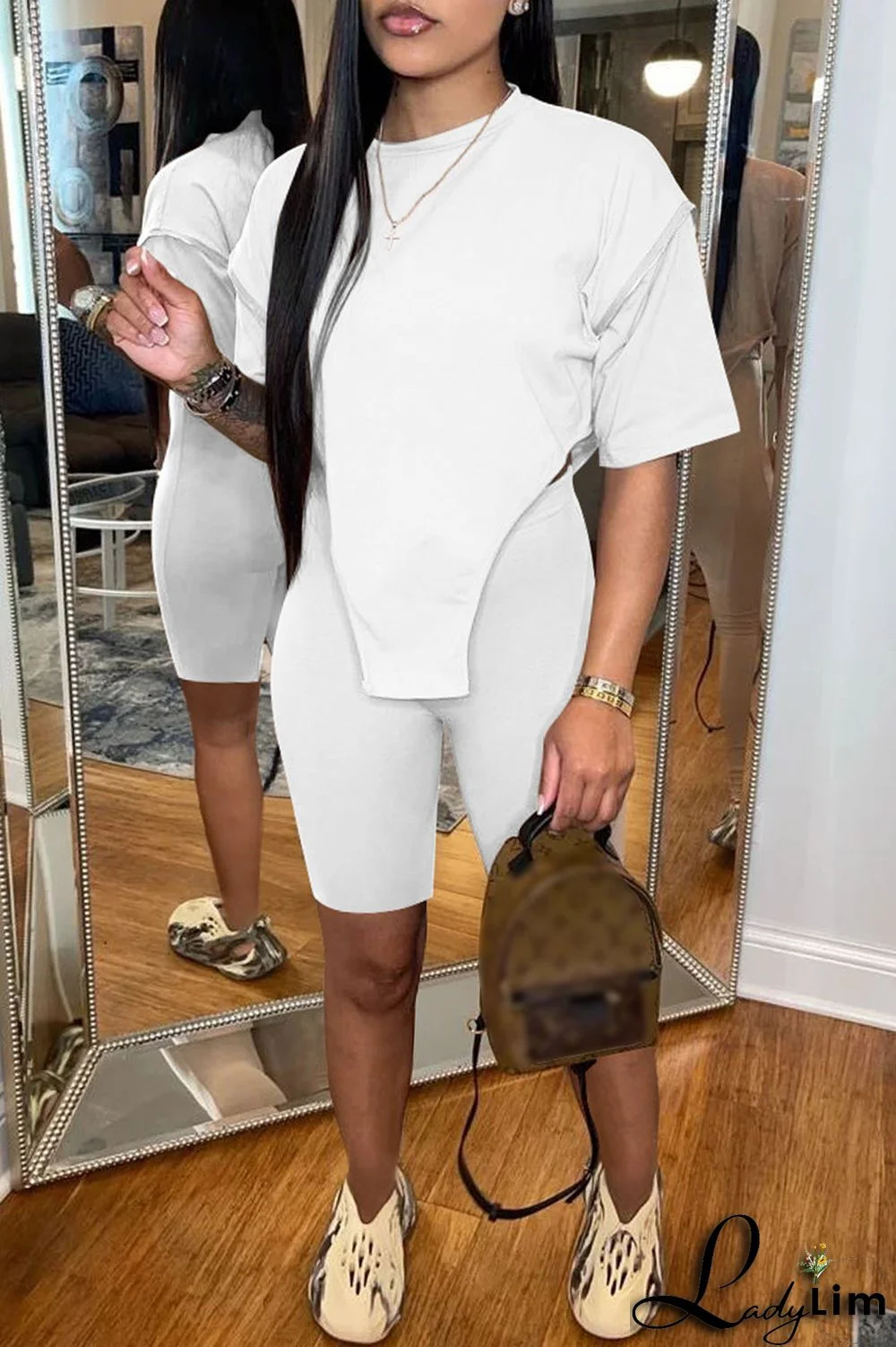 White Fashion Casual Solid Asymmetrical O Neck Short Sleeve Two Pieces