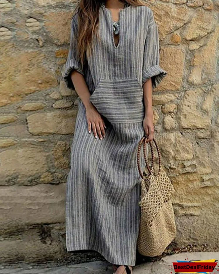 casual loose maxi dresses cotton linen striped long sleeve spring dress p117737