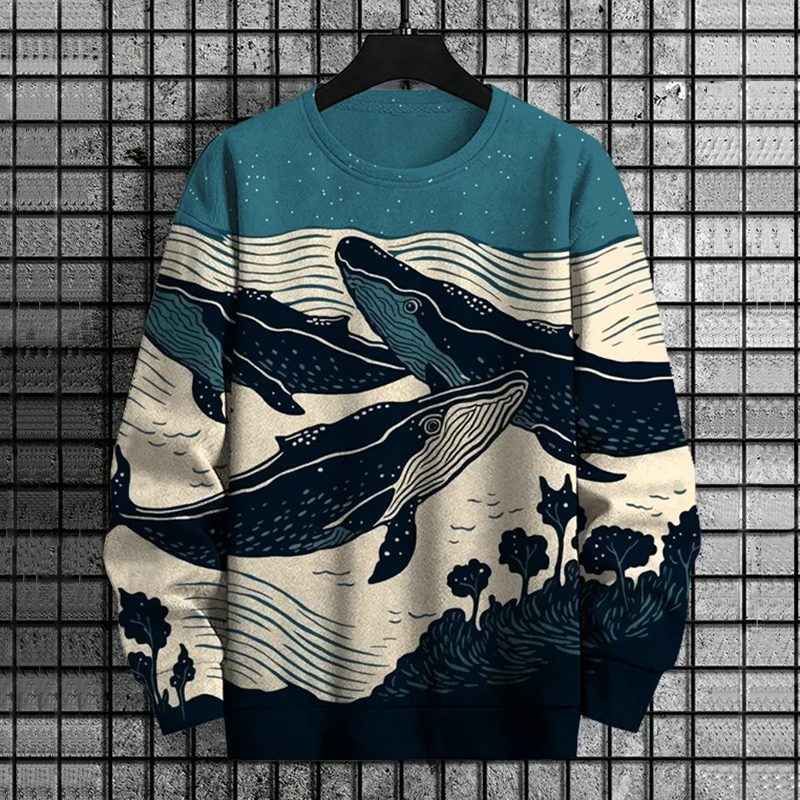 Comstylish Men's Japanese Art Whale Print Crew Neck Sweatshirt