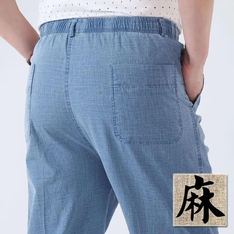 Fonhui Mens Cotton Linen Long Pants Summer Elastic Waist Trousers Solid Breathable High Waist Loose Leisure Resort Thin Straight Pants