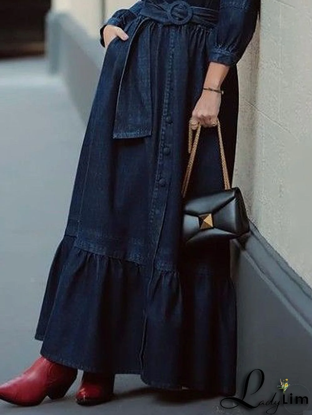 Casual Denim Turndown Collar 3/4 Sleeve Belt Midi Dress