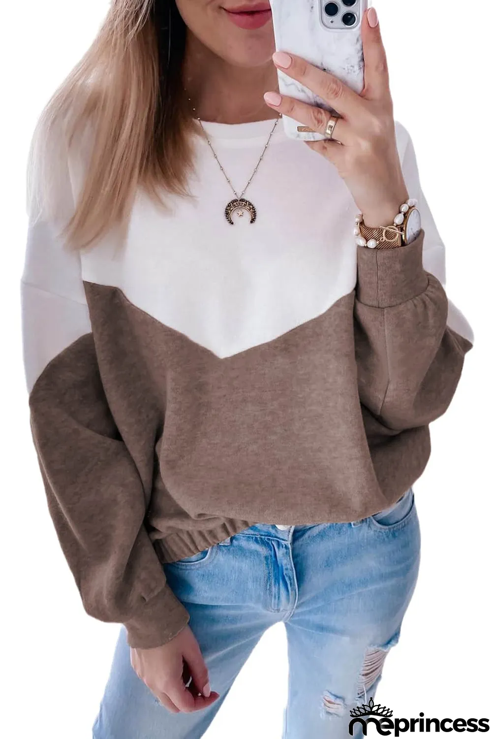 Khaki Colorblock Cutout Elastic Hem Pullover Sweatshirt