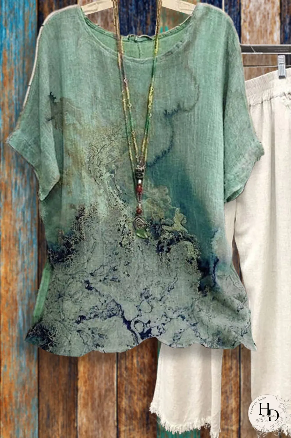 Tie-dye Loose Round Neck Short Sleeve Cotton Linen Tops