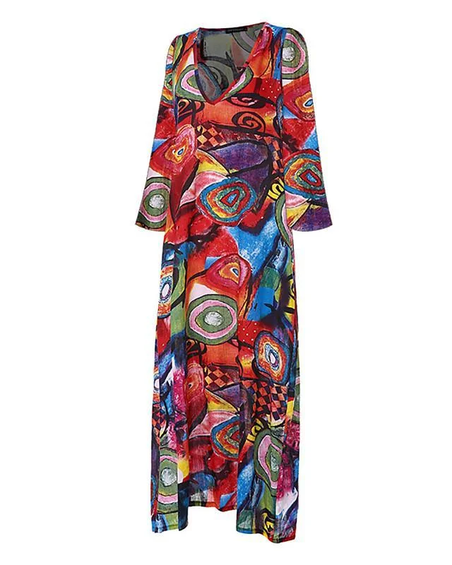 Women's Shift Dress Maxi Long Dress 3/4 Length Sleeve Geometric Print Plus Size Basic Hot Red Yellow