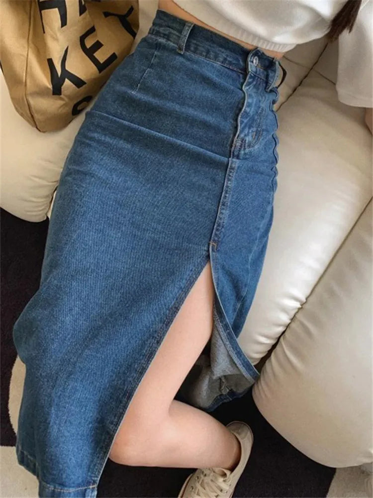 New Women's Midi Denim Skirts Spring Summer Side Split High Wasit Jeans Skirt Straight Female A-line Pencil Skirt LANFUBEISI