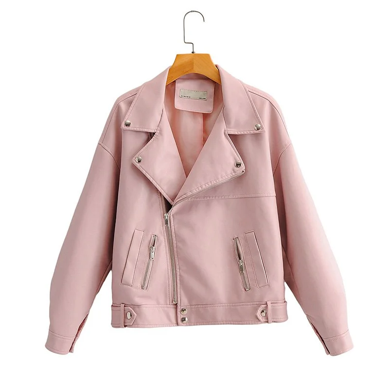 FTLZZ New Autumn Women Faux Leather Jacket Casual BF Loose Soft Pu Motorcycle Punk Leather Coat Female Zipper Rivet Outerwear