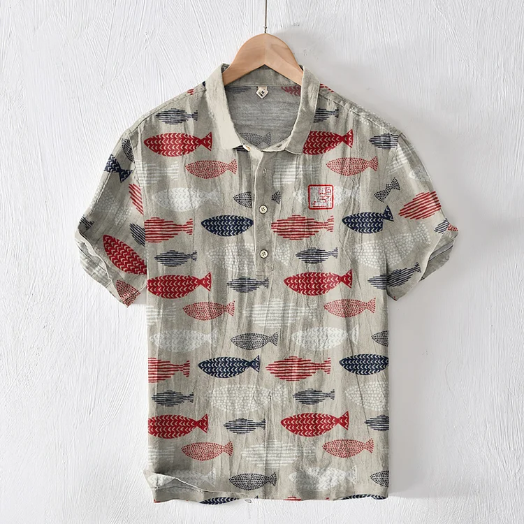Vintage Fish Japanese Art Linen Blend Lapel Cozy Shirt