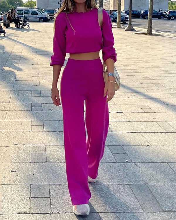 Casual Rose Red Long-sleeved Two-piece Suit