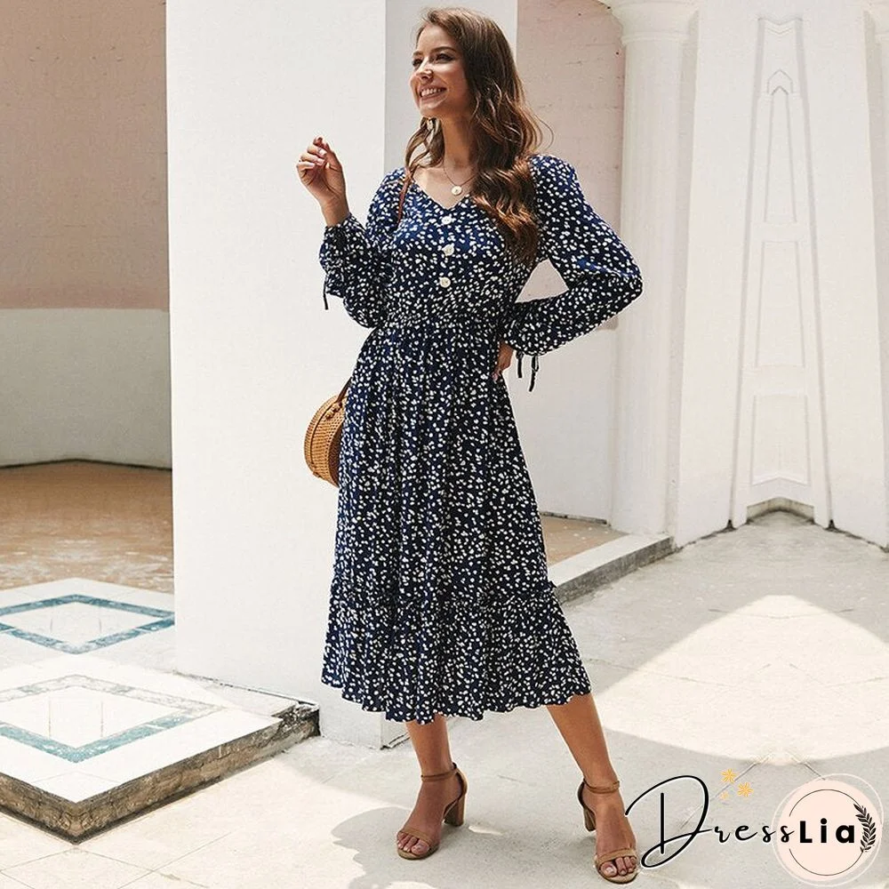 Medium Long Print Dress Women V Neck Button Slim Lantern Sleeve High Waist Floral Dress New Casual Summer Dress Office Lady