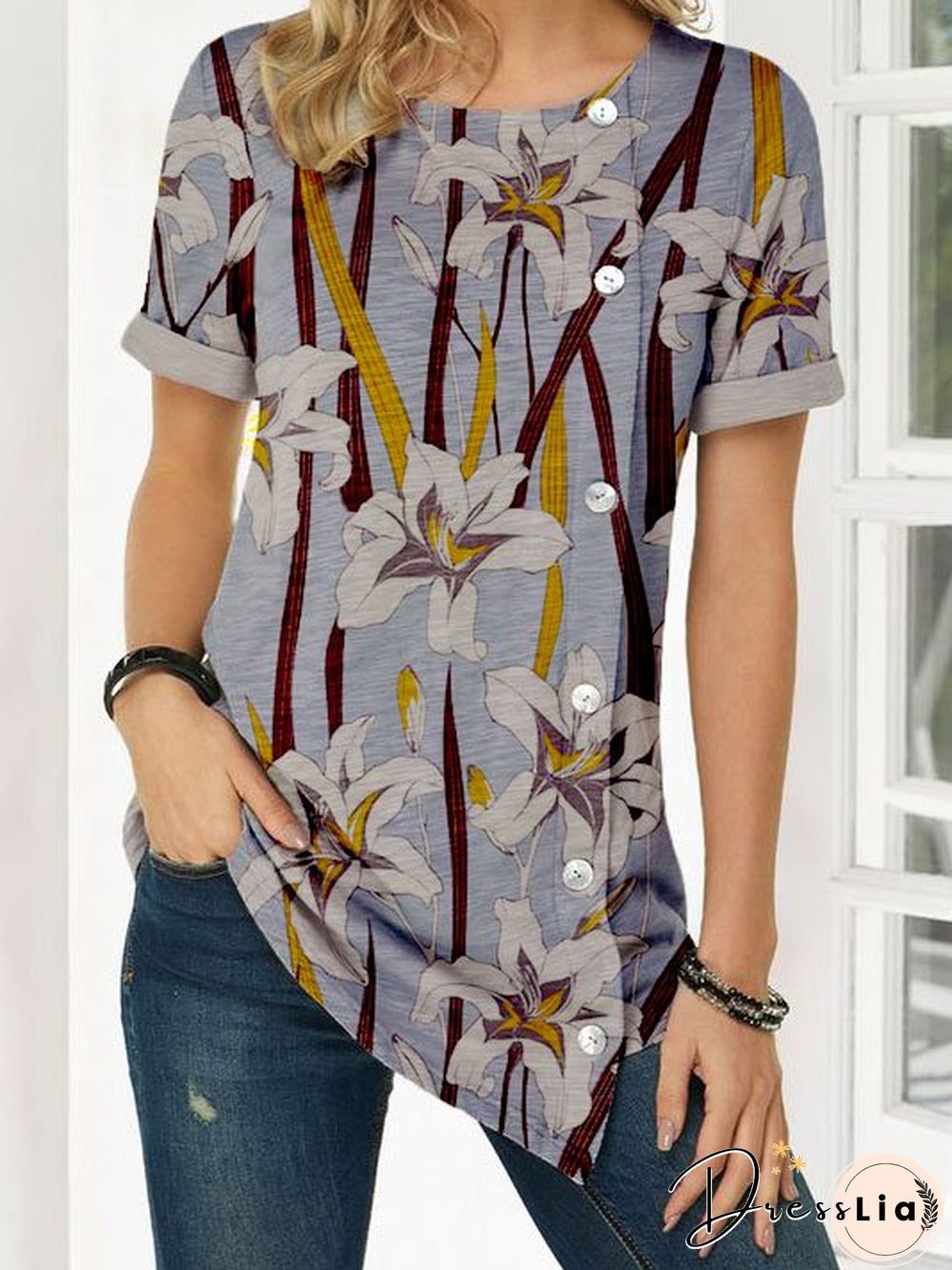 Short Sleeve Crew Neck Vintage Cotton-Blend T-shirt